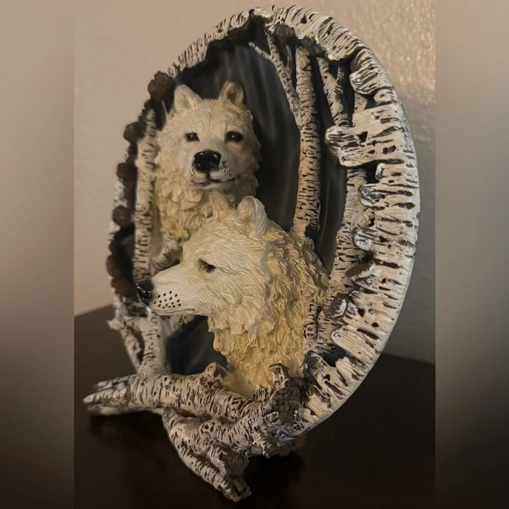 Vintage 3D Wolf Decorative Plate Sculpture | Birch Forest Wolves Wall Art | 8” - Picture 2 of 6